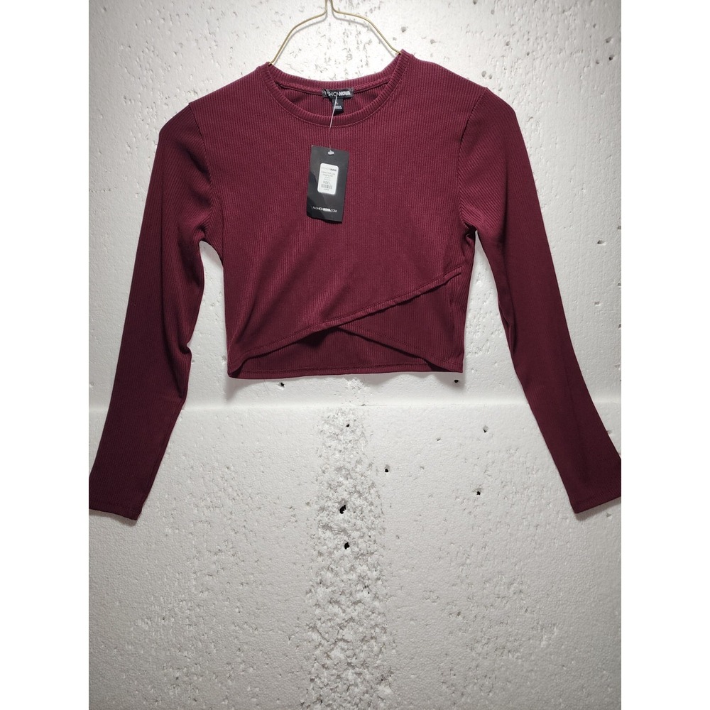 Fashion Nova Sweater Womens Large Burgundy Cropped Long Sleeve Round Neck NWT